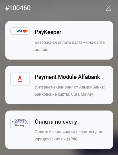 Выбор способа оплаты при оформлении заказа: PayKeeper, Альфа-Банк, оплата по счёту